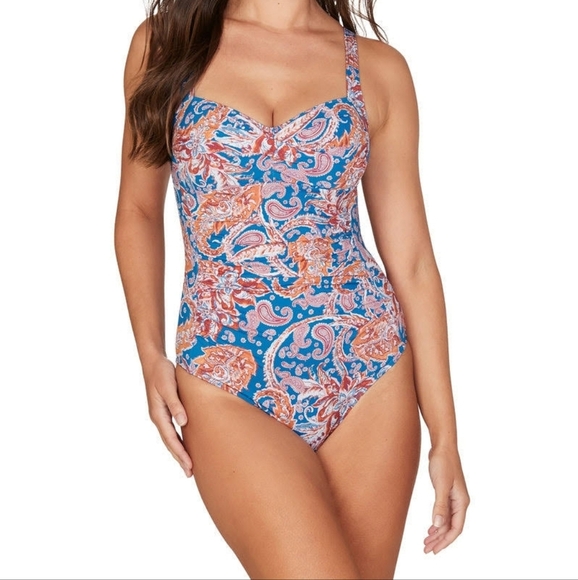 Nip Tuck Other - Nip Tuck Blue Painterly Paisley Joanne Twist Front Tummy Control Swimsuit Size 4